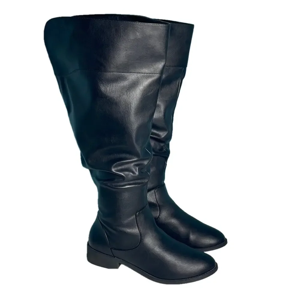 American Eagle Black Knee-High Riding Boots 8W Wide Zip Tall Low Heel Like New